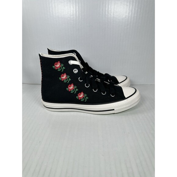 Size 7 Converse Women Sneaker Black Hi Rose Embroidered Jellyfish Jitter A13657C - Picture 2 of 9